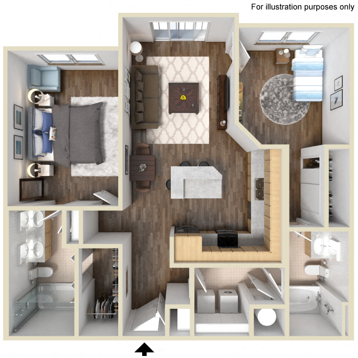 Floor plan for 2 beds, 2 baths, 1009 sqft